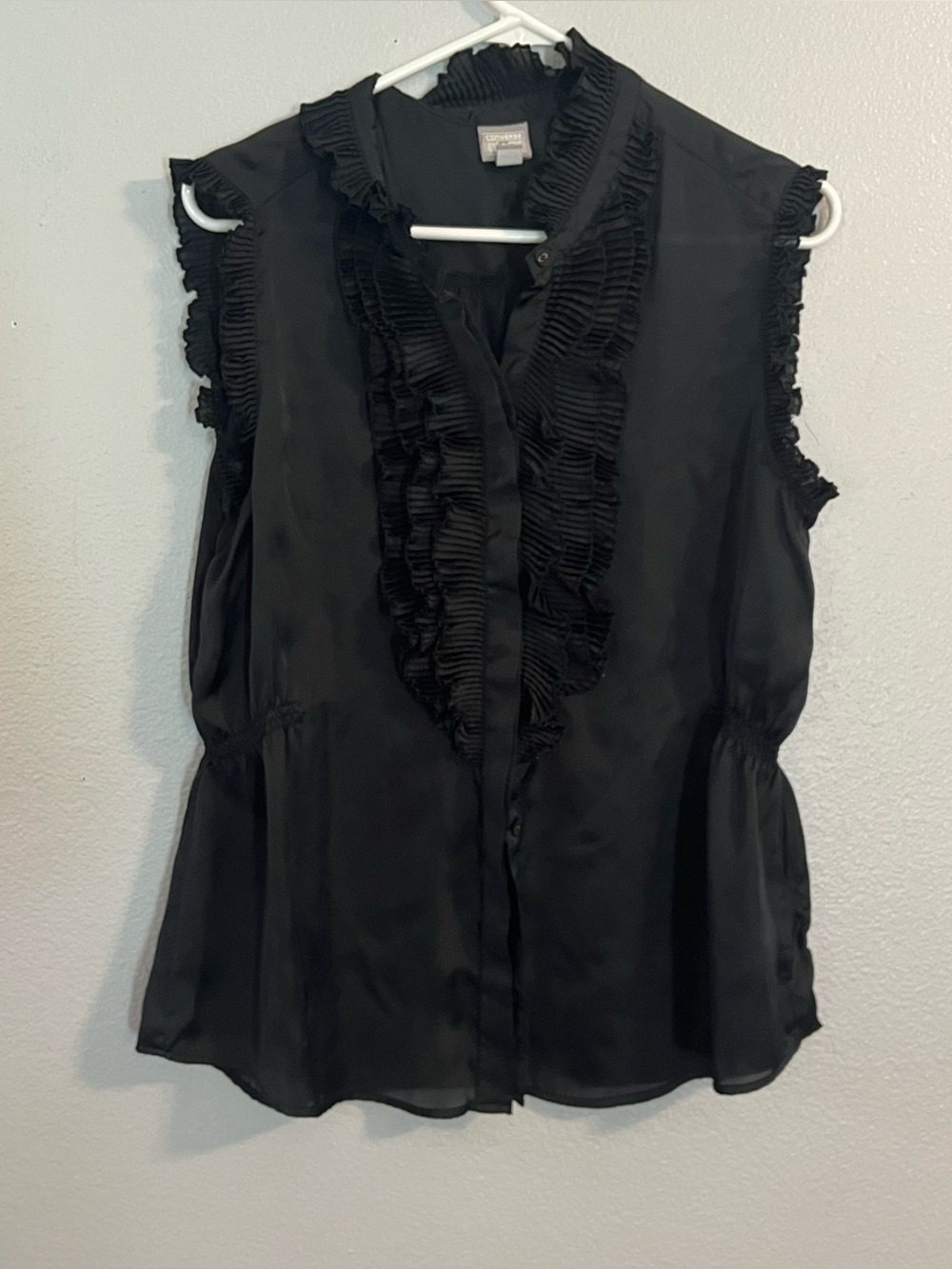 Converse One Star Black Ruffle Neck Sleeveless Blouse Pintuck Peasant Top XL